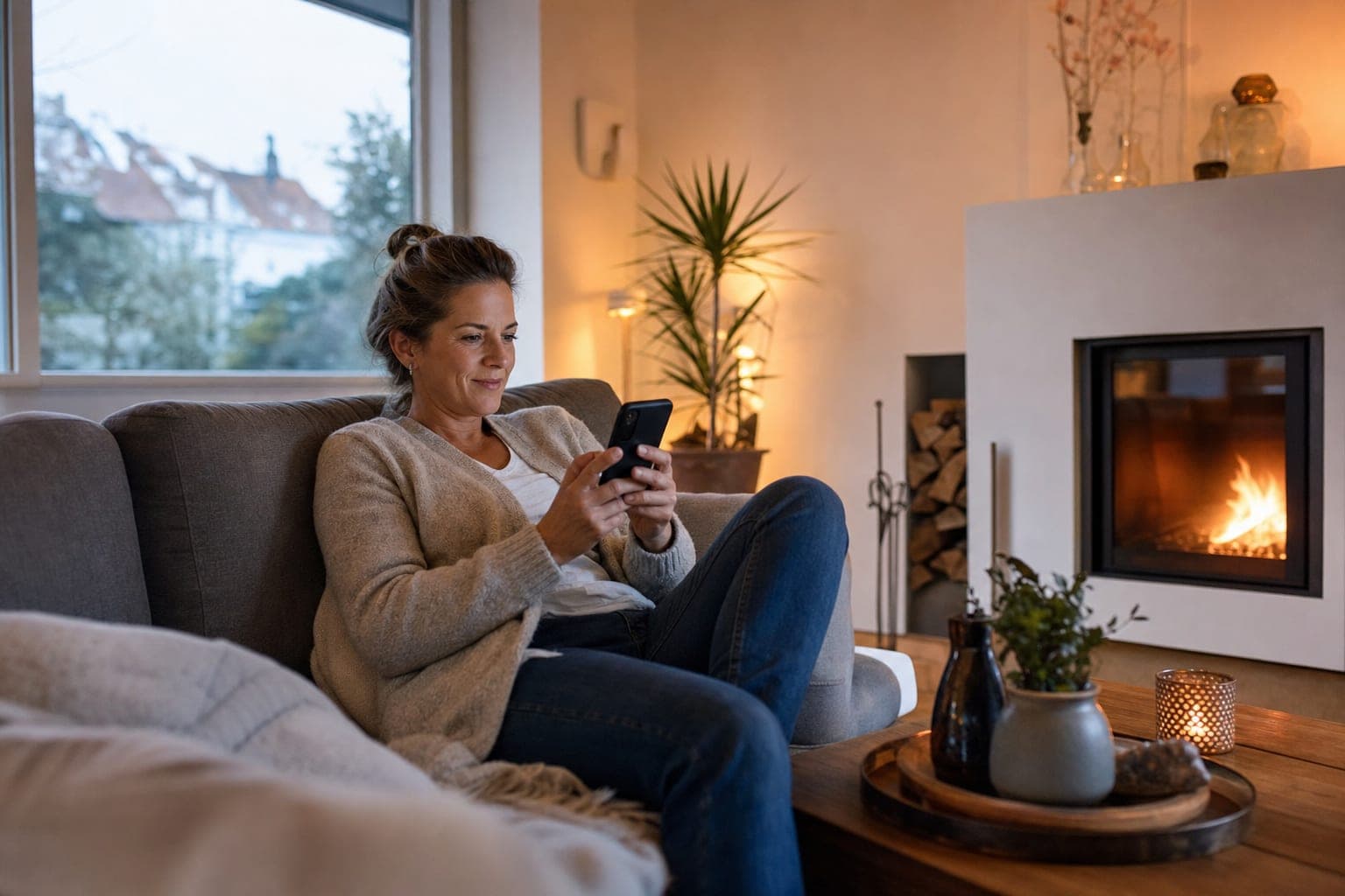 Fachkraft zuhause auf dem Sofa mit dem Telefon in der Hand